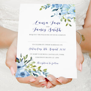 Blue Floral Wedding Invitations, Blue Watercolour flowers, Baby Blue, Pastel Blue Wedding, 10 Pack