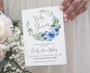 Blue Flower Baby Shower Invitations, Round Wreath, Blue Baby Shower, Blue Flowers, 10 Pack