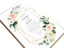 Blush and Gold Wedding Invitations, Geometric Frame, Pink Watercolour flowers, Blush Wedding, 10 Pack