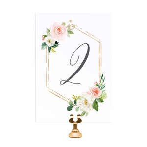 Blush and Gold Table Numbers, Geometric, Table Names, Pink Watercolour flowers, Blush Wedding, 5 Pack