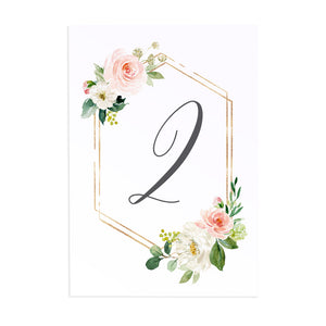Blush and Gold Table Numbers, Geometric, Table Names, Pink Watercolour flowers, Blush Wedding, 5 Pack