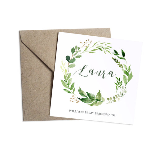 Green Leaf Will you be my Bridesmaid card, Maid of Honour, Watercolour Foliage, Greenery, Eucalyptus Invites, Green Wreath, Botanical Wedding