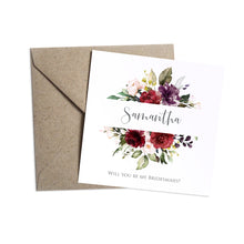 Red and Gold Will you be my Bridesmaid card, Maid of Honour, Ruby Red, Burgundy, Blush, Red Floral
