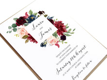 Burgundy, Navy & Blush Floral Wedding Invitations, Square Wreath, Burgundy Navy Invite, Rustic Floral, Blush Wedding Invite, Boho Floral Wedding Invite, 10 Pack