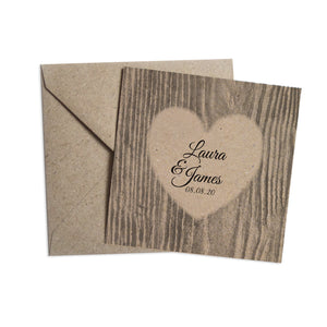 Carved Heart Wedding Invitations, Rustic Wedding Invite, Names in Bark, Eco Wedding, 10 Pack