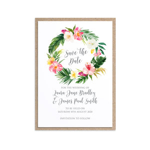 Tropical Floral Save the Date Cards, Circle Wreath, Beach Wedding, Tropical Wedding, 10 Pack
