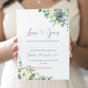 Succulent Floral Wedding Invitations, Botanical Wedding, Mint Wedding, Eucalyptus, 10 Pack