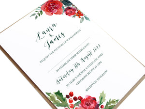 Winter Rose Wedding Invitations, Corner Floral, Christmas Wedding, Festive Wedding, Holly Wreath, Poinsettia, 10 Pack