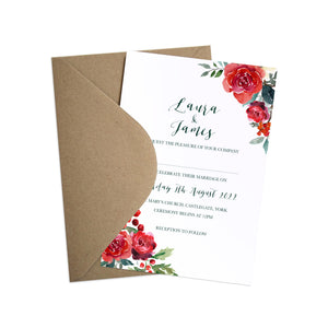 Winter Rose Wedding Invitations, Corner Floral, Christmas Wedding, Festive Wedding, Holly Wreath, Poinsettia, 10 Pack