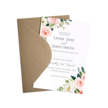 Blush and Gold Wedding Invitations, Pink Watercolour flowers, Blush Wedding, 10 Pack
