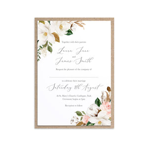 Magnolia Wedding Invitations, Corner Floral, Ivory Floral, Boho Wedding, Cotton Wedding, Autumn Wedding, 10 Pack