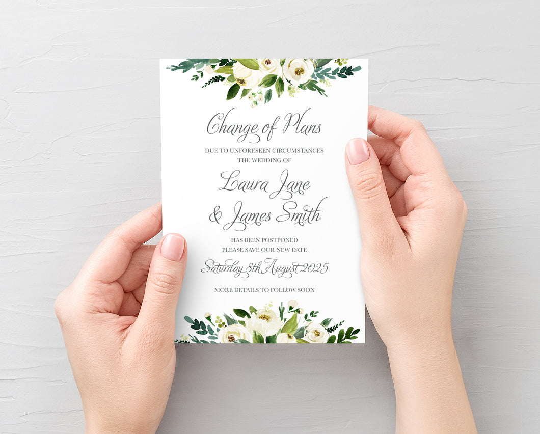 White Wedding Change of Plans Cards, Postponed Wedding, Change The Date, White Floral Watercolour, White Peony, White Rose Invites, Botanical Wedding, 10 Pack