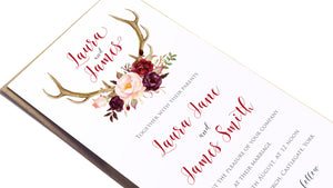 Boho Floral Antler Wedding Invitations, Rustic Wedding Invitation, Floral Wedding Invitation, Red Rose, Rustic Country, 10 Pack