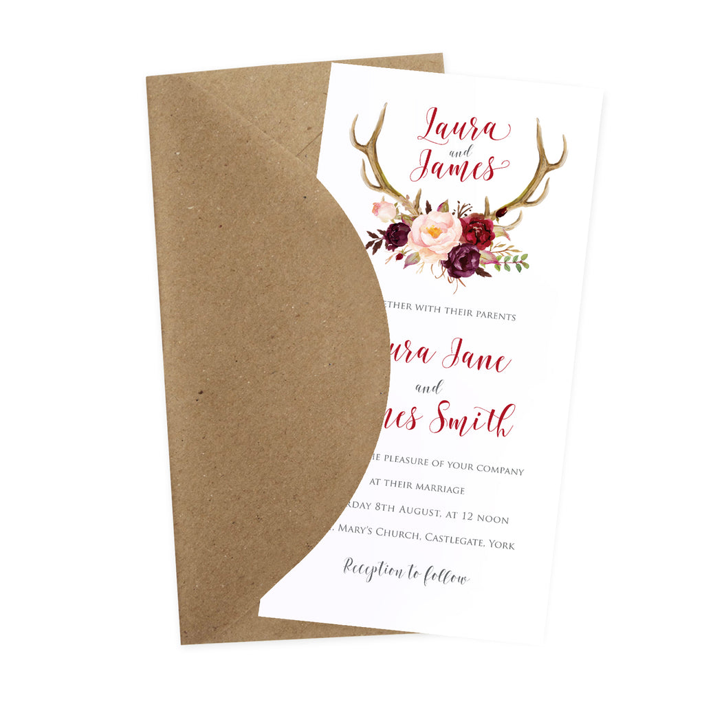 Boho Floral Antler Wedding Invitations, Rustic Wedding Invitation, Flo ...