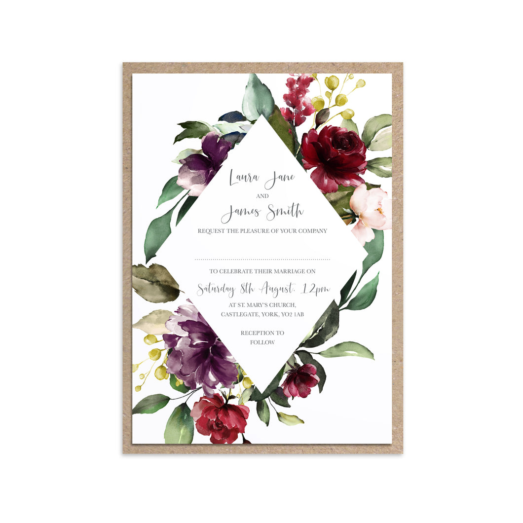 Red and Gold Wedding Invitations, Diamond Wreath, Ruby Red, Burgundy, Blush, Red Floral, 10 Pack