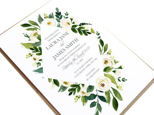 White Wedding Invitations, Diamond, White Floral Watercolour, White Peony, White Rose Invites, Botanical Wedding, 10 Pack