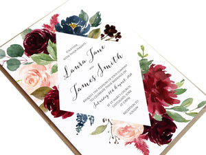 Burgundy, Navy & Blush Floral Wedding Invitations, Diamond Wreath, Burgundy Navy Invite, Rustic Floral, Blush Wedding Invite, Boho Floral Wedding Invite, 10 Pack