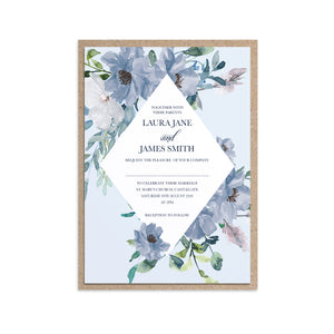 Dusky Blue Floral Wedding Invitations, Diamond Wreath, Blue Floral, Blue Wedding, Navy, Baby Blue, 10 Pack
