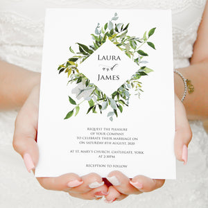 Greenery Wedding Invitations, Diamond Wreath, Green Wreath, Eucalyptus Wreath, Green Leaf, Botanical Wedding, Leaf Invitation, 10 Pack