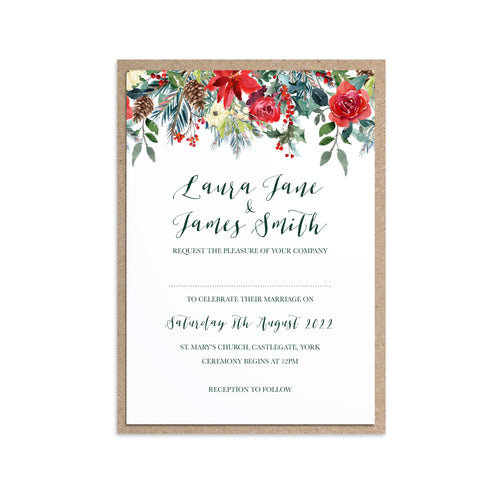 Winter Rose Wedding Invitations, Christmas Wedding, Festive Wedding, Holly Wreath, Poinsettia, 10 Pack