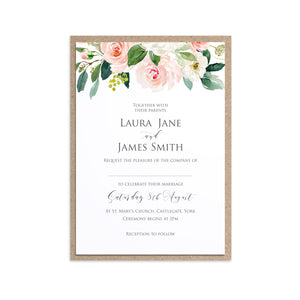 Blush and Gold Wedding Invitations, Floral Drop, Pink Watercolour flowers, Blush Wedding, 10 Pack