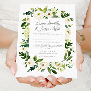 White Wedding Invitations, Floral Frame, White Floral Watercolour, White Peony, White Rose Invites, Botanical Wedding, 10 Pack