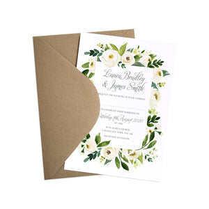 White Wedding Invitations, Floral Frame, White Floral Watercolour, White Peony, White Rose Invites, Botanical Wedding, 10 Pack