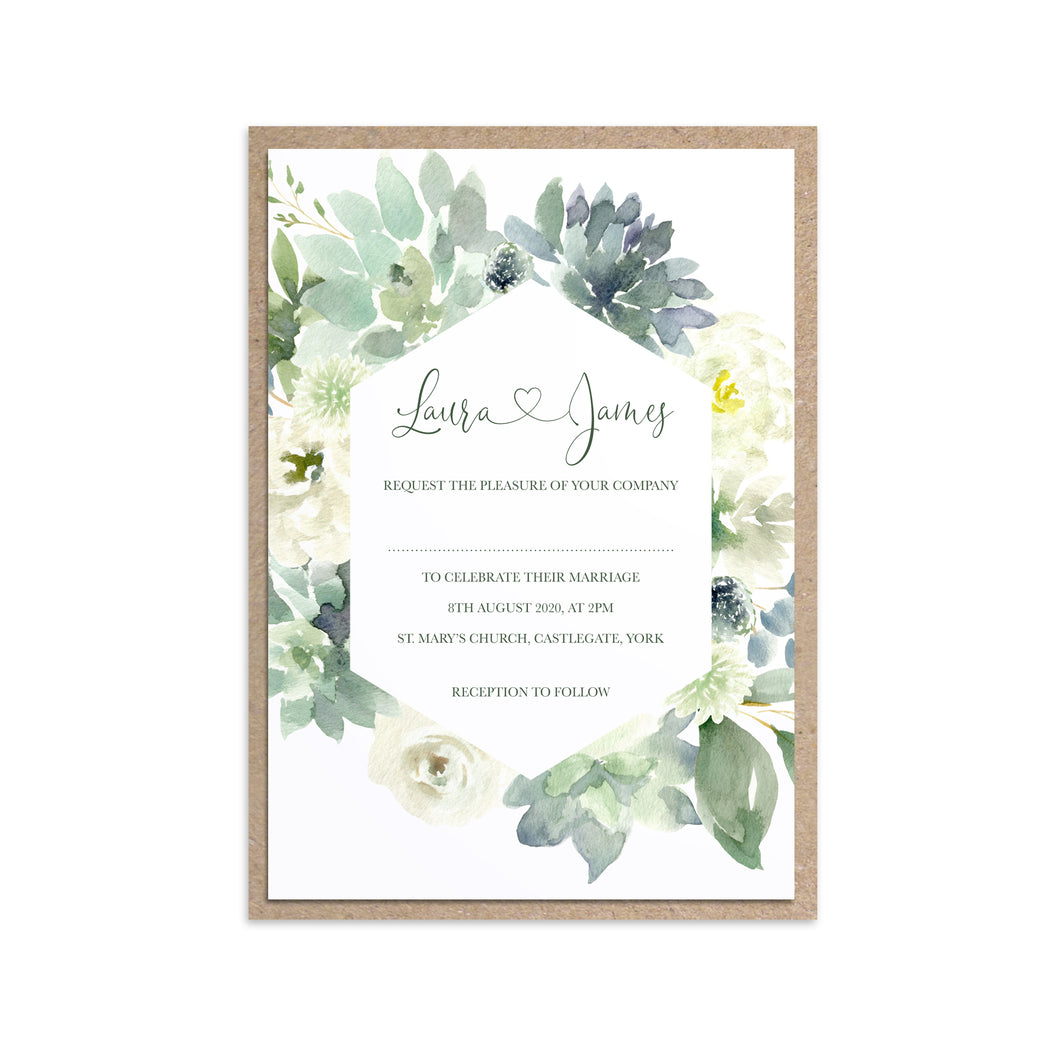Succulent Floral Wedding Invitations, Geometric Frame, Botanical Wedding, Mint Wedding, Eucalyptus, 10 Pack