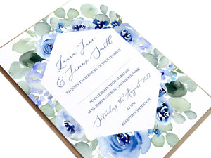 Navy Rose Wedding Invitations, Geometric, Watercolour roses, Navy Wedding, Blue Wedding, 10 Pack