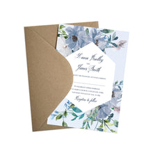 Dusky Blue Floral Wedding Invitations, Geometric Wreath, Blue Floral, Blue Wedding, Navy, Baby Blue, 10 Pack