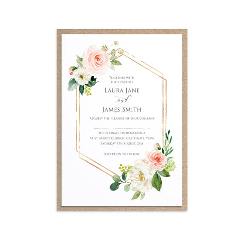 Blush and Gold Wedding Invitations, Hexagon Frame, Pink Watercolour flowers, Blush Wedding, 10 Pack
