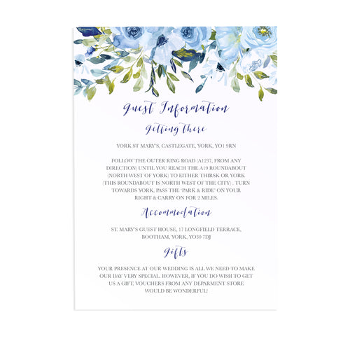 Blue Floral Guest Information Cards, Detail Cards, Blue Watercolour flowers, Baby Blue, Pastel Blue Wedding, 10 Pack