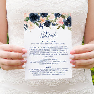 Navy and Blush Guest Information Cards, Detail Cards, Navy Floral, Navy Wedding, Watercolour Flowers, 10 Pack