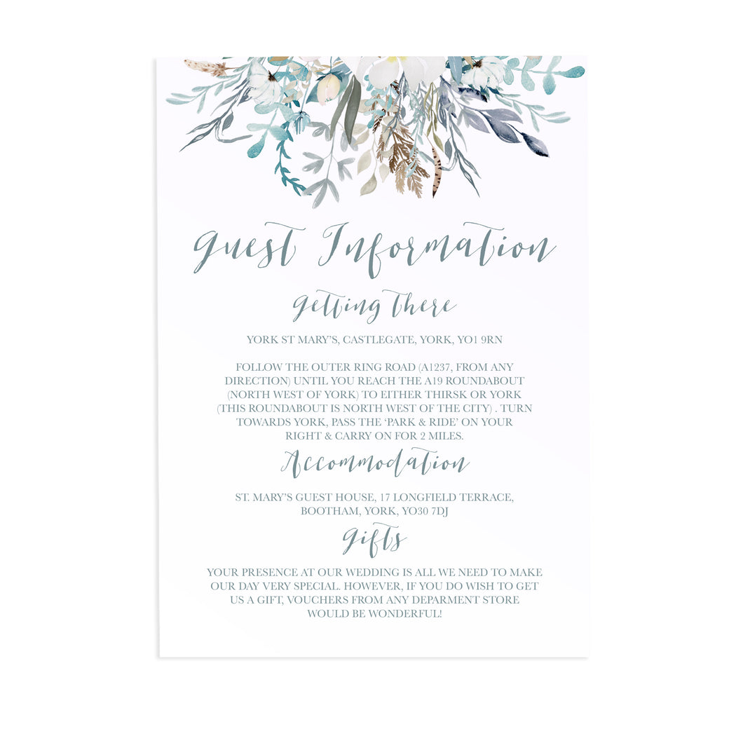 Winter Foliage Guest Information Cards, Detail Cards, Ice Blue Wedding, Winter Wedding, Light Blue, Frozen Wedding, 10 Pack