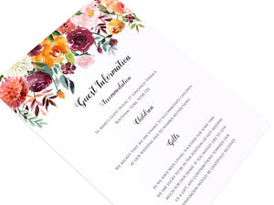 Paprika Guest Information Cards, Detail Cards, Orange Floral Wedding Invitation, Autumn Wedding, Fall Wedding, 10 Pack