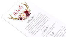 Boho Floral Antler Guest Information Cards, Detail Cards, Rustic Wedding Invitation, Floral Wedding Invitation, Red Rose, Rustic Country, 10 Pack