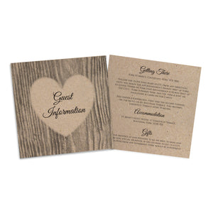 Carved Heart Guest Information, Details Card, Rustic Wedding Invite, Names in Bark, Eco Wedding, 10 Pack