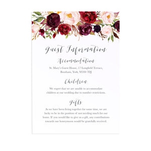 Boho Red Rose Guest Information Cards, Detail Cards, Burgundy Invite, Red Roses, Red Wedding, Boho Floral Wedding, 10 Pack