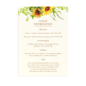 Rustic Sunflower Guest Information Cards, Detail Cards, Rustic Wedding, Country Wedding, Sunflowers, 10 Pack