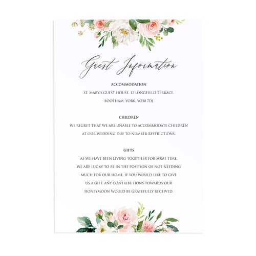 Spring Blush Guest Information Cards, Detail Cards, Blush Wedding, Pink Flowers, Blush Ivory, Botanical, Modern Invitations, 10 Pack