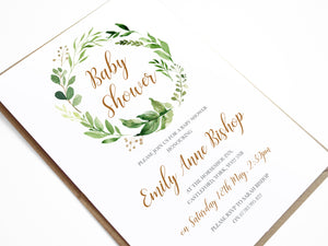 Foliage Baby Shower Invitations, Greenery Baby Shower, Green Leaf, 10 Pack