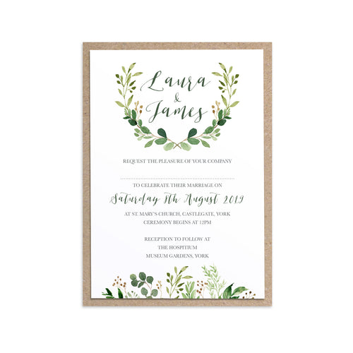 Green Leaf Wedding Invitations, Watercolour Foliage, Greenery, Eucalyptus Invites, Green Wreath, Botanical Wedding, 10 Pack