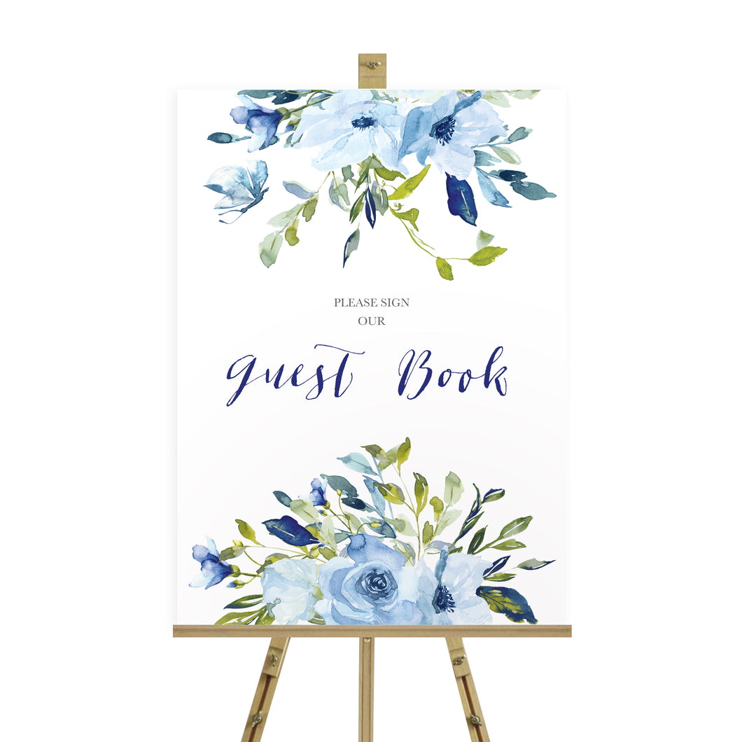 Blue Floral Wedding Guest Book Sign, Please Sign Our Guest Book Sign, Blue Watercolour flowers, Baby Blue, Pastel Blue Wedding