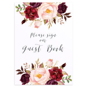 Boho Red Rose Wedding Guest Book Sign, Please Sign Our Guest Book Sign, Burgundy Invite, Red Roses, Red Wedding, Boho Floral