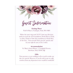 Plum Floral Guest Information Cards, Detail Cards, Purple Wedding, Lilac, Mauve, Purple and Blush, 10 Pack