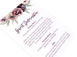 Plum Floral Guest Information Cards, Detail Cards, Purple Wedding, Lilac, Mauve, Purple and Blush, 10 Pack