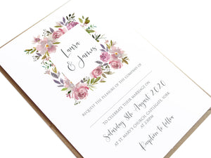 Dusty Rose Wedding Invitations, Square Wreath, Mauve, Dusky Pink, Pink Rose, Blush Wedding, 10 Pack