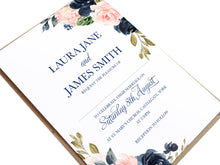 Navy and Blush Wedding Invitations, Navy Floral, Navy Wedding, Watercolour Flowers, 10 Pack