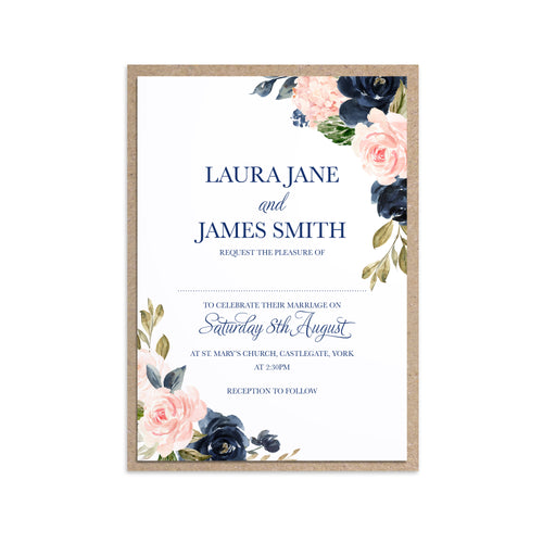 Navy and Blush Wedding Invitations, Navy Floral, Navy Wedding, Watercolour Flowers, 10 Pack