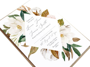 Magnolia Wedding Invitations, Ivory Floral, Boho Wedding, Cotton Wedding, Autumn Wedding, 10 Pack
